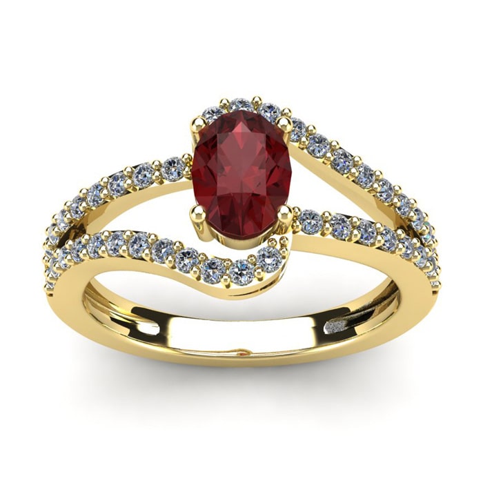 Garnet Ring: Garnet Jewelry: 1 1/2 Carat Oval Shape Garnet and Fancy Diamond Ring In 14 Karat Yellow Gold