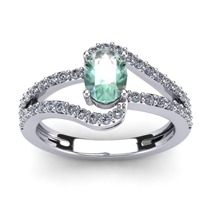1 Carat Oval Shape Green Amethyst and Fancy Diamond Ring In 14 Karat White Gold