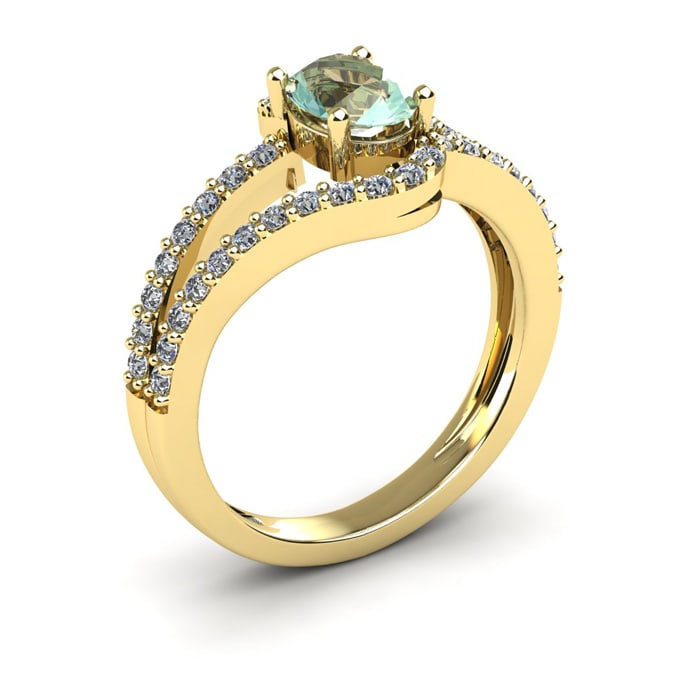 1 Carat Oval Shape Green Amethyst and Fancy Diamond Ring In 14 Karat Yellow Gold