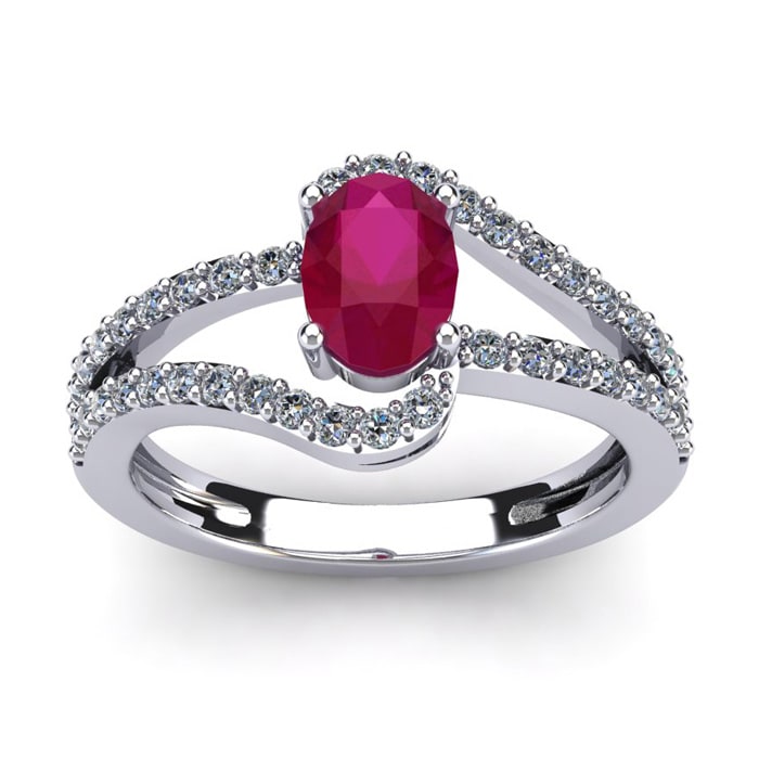 1 1/3 Carat Oval Shape Ruby and Fancy Diamond Ring In 14 Karat White Gold