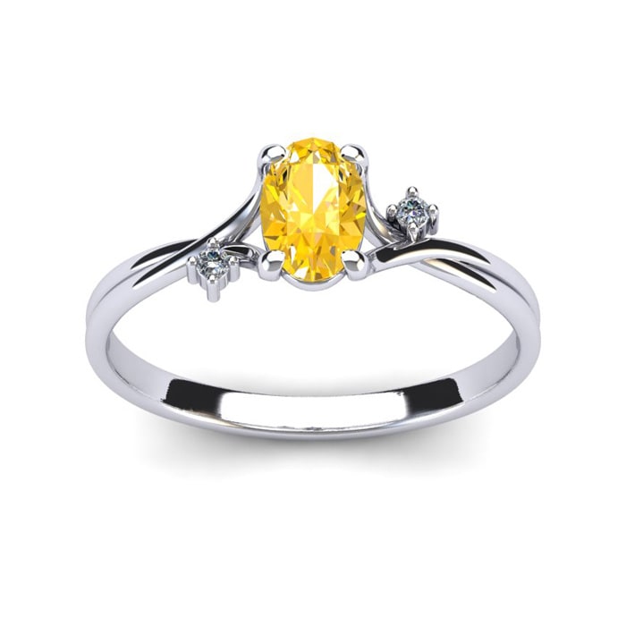 1/2 Carat Oval Shape Citrine and Two Diamond Accent Ring In 14 Karat White Gold