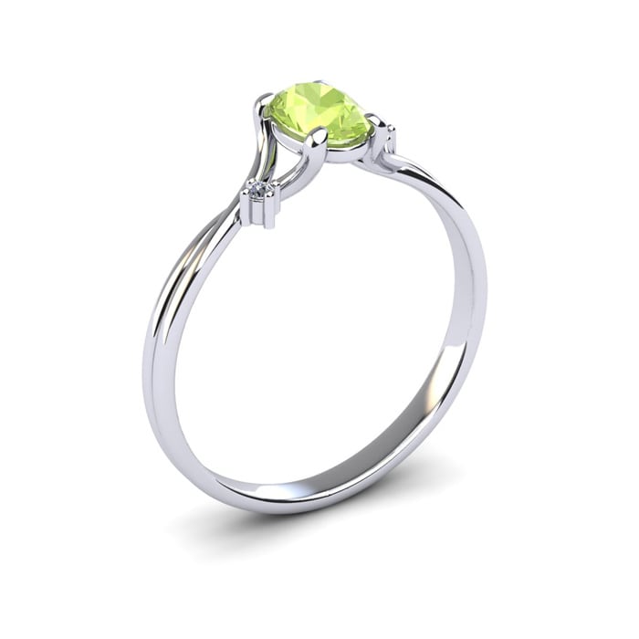 1/2 Carat Oval Shape Peridot and Two Diamond Accent Ring In 14 Karat White Gold
