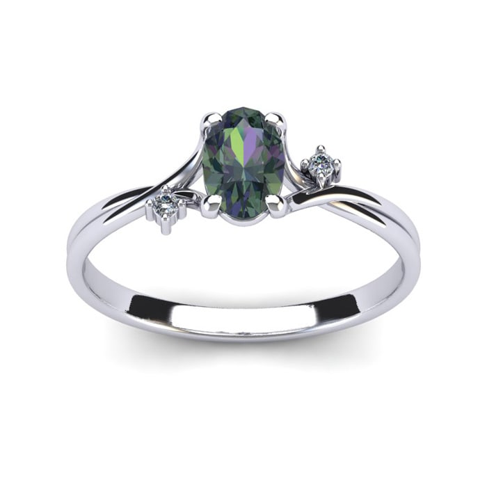 1/2 Carat Oval Shape Mystic Topaz Ring With Two Diamonds In 14 Karat White Gold