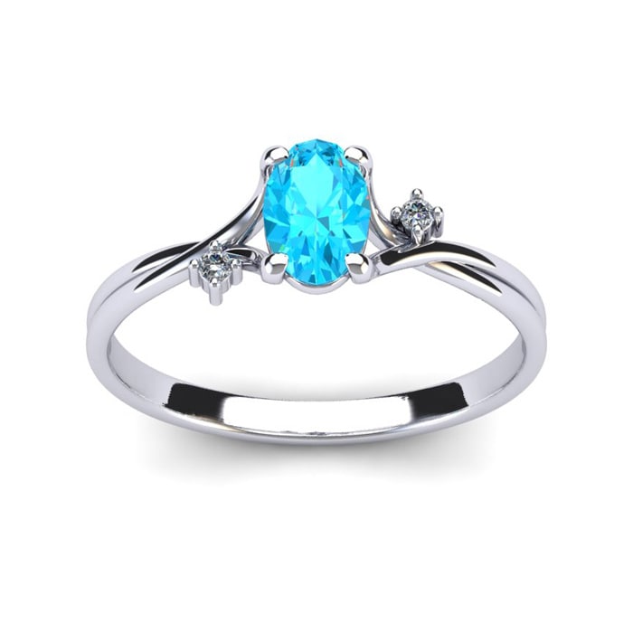 Aquamarine Ring: Aquamarine Jewelry: 1/2 Carat Oval Shape Aquamarine and Two Diamond Accent Ring In 14 Karat White Gold