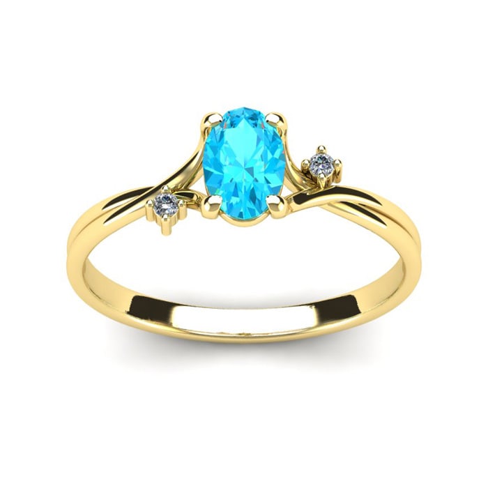 Aquamarine Ring: Aquamarine Jewelry: 1/2 Carat Oval Shape Aquamarine and Two Diamond Accent Ring In 14 Karat Yellow Gold