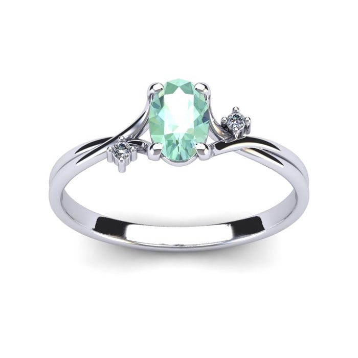 1/2 Carat Oval Shape Green Amethyst and Two Diamond Accent Ring In 14 Karat White Gold