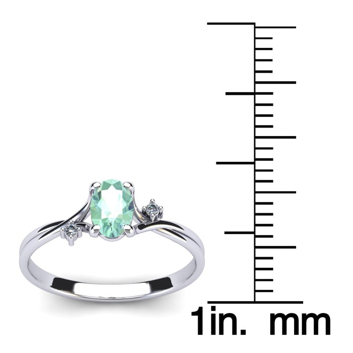 1/2 Carat Oval Shape Green Amethyst and Two Diamond Accent Ring In 14 Karat White Gold