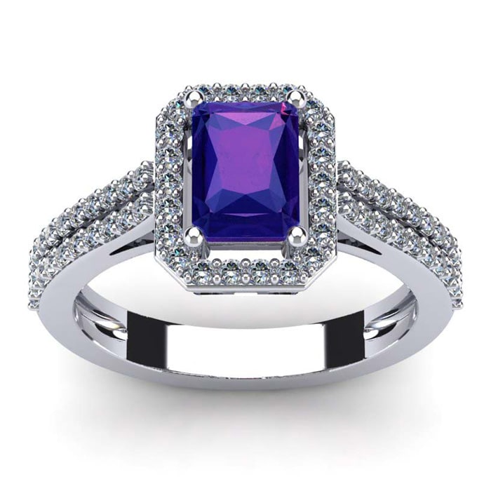 1 1/3 Carat Amethyst and Halo Diamond Ring In 14 Karat White Gold