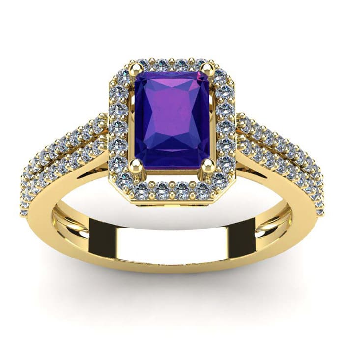 1 1/3 Carat Amethyst and Halo Diamond Ring In 14 Karat Yellow Gold