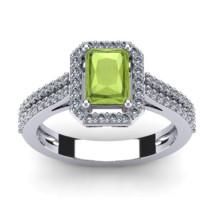 1 1/2 Carat Peridot and Halo Diamond Ring In 14 Karat White Gold