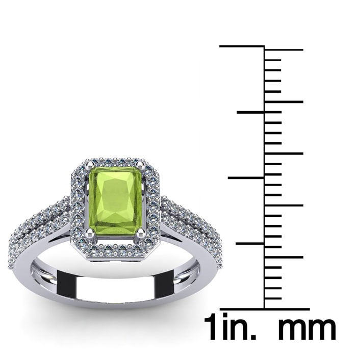1 1/2 Carat Peridot and Halo Diamond Ring In 14 Karat White Gold