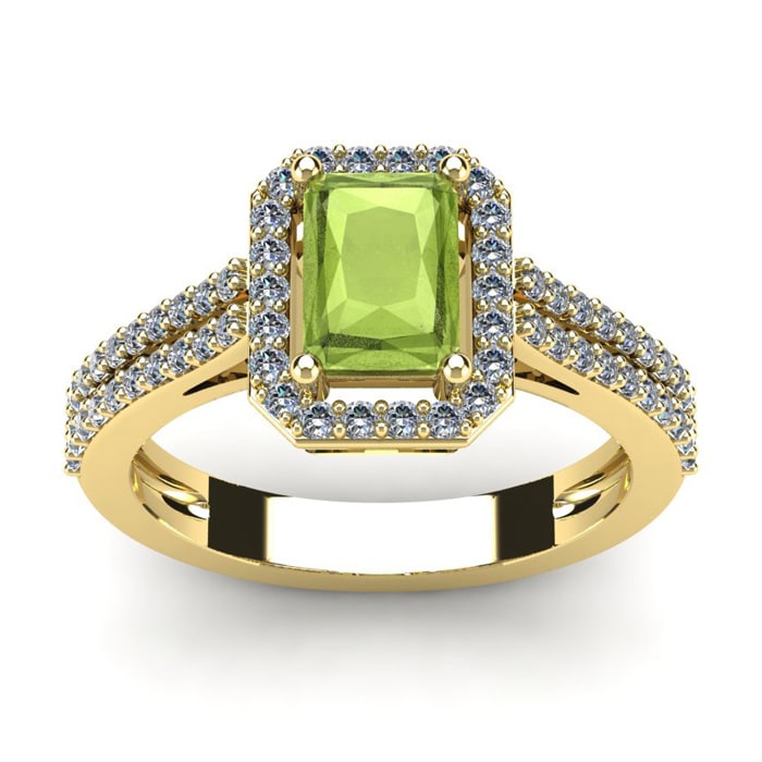1 1/2 Carat Peridot and Halo Diamond Ring In 14 Karat Yellow Gold