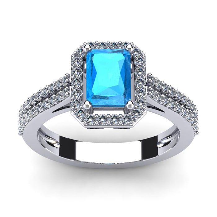 1 1/2 Carat Blue Topaz and Halo Diamond Ring In 14 Karat White Gold