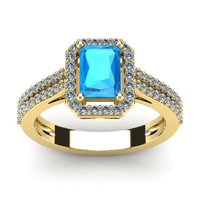 1 1/2 Carat Blue Topaz and Halo Diamond Ring In 14 Karat Yellow Gold