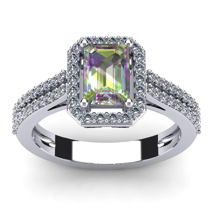 1-1/3 Carat Octagon Shape Mystic Topaz Ring With Diamond Halo In 14 Karat White Gold