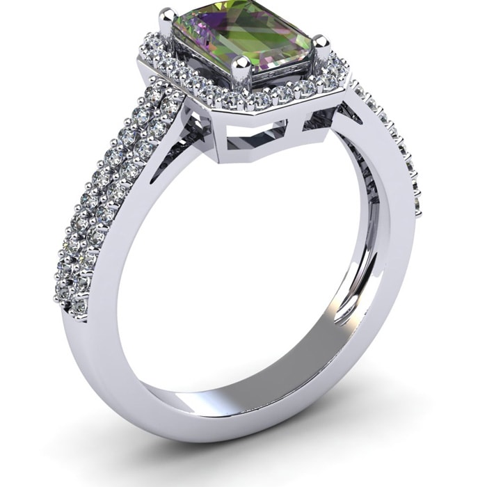 1-1/3 Carat Octagon Shape Mystic Topaz Ring With Diamond Halo In 14 Karat White Gold