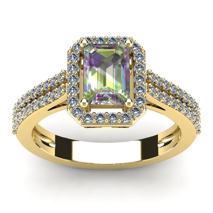 1-1/3 Carat Octagon Shape Mystic Topaz Ring With Diamond Halo In 14 Karat Yellow Gold