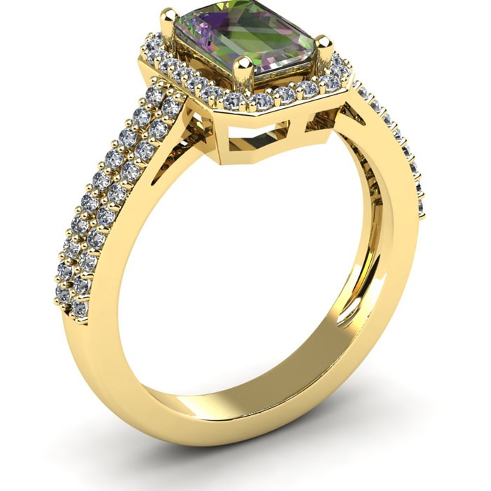 1-1/3 Carat Octagon Shape Mystic Topaz Ring With Diamond Halo In 14 Karat Yellow Gold