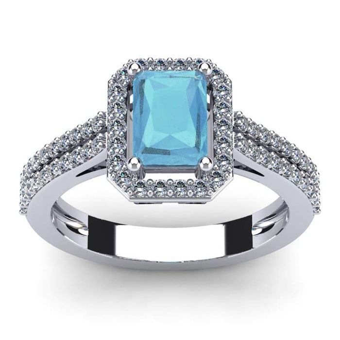 Aquamarine Ring: Aquamarine Jewelry: 1 1/3 Carat Aquamarine and Halo Diamond Ring In 14 Karat White Gold