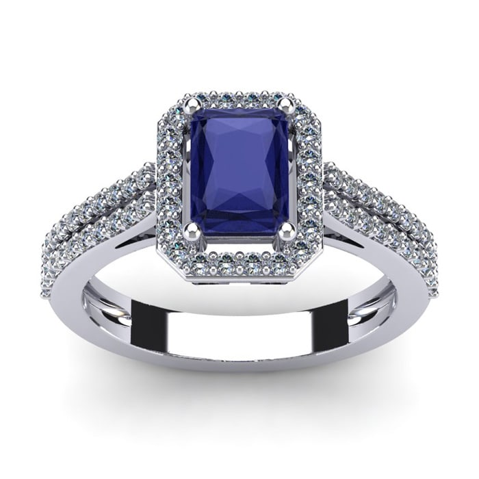 1 1/2 Carat Tanzanite and Halo Diamond Ring In 14 Karat White Gold