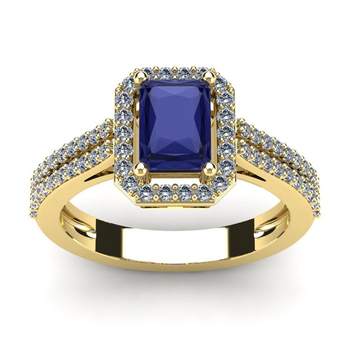 1 1/2 Carat Tanzanite and Halo Diamond Ring In 14 Karat Yellow Gold