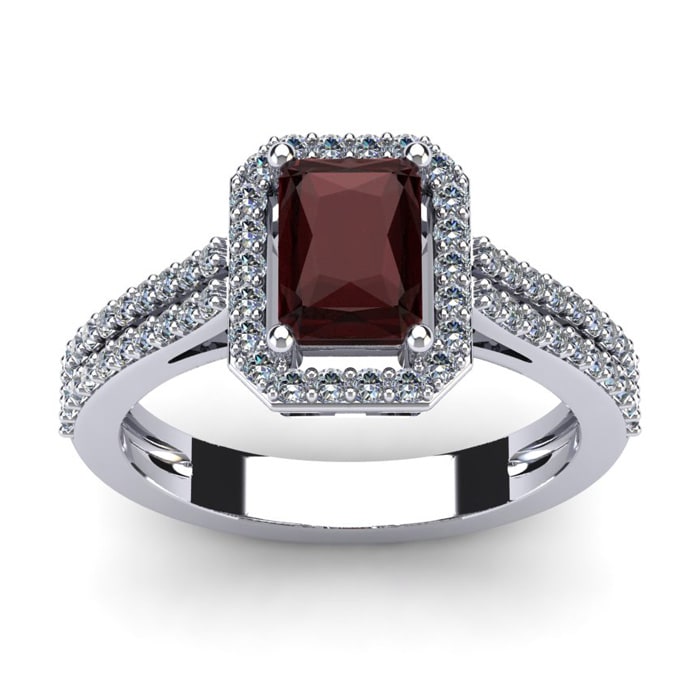 Garnet Ring: Garnet Jewelry: 1 3/4 Carat Garnet and Halo Diamond Ring In 14 Karat White Gold