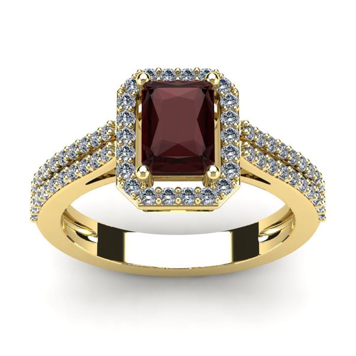 Garnet Ring: Garnet Jewelry: 1 3/4 Carat Garnet and Halo Diamond Ring In 14 Karat Yellow Gold