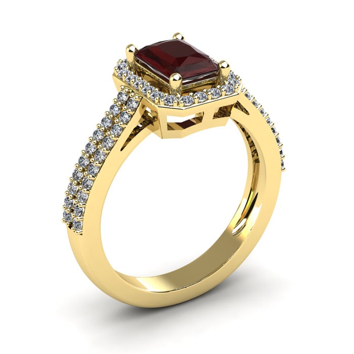 Garnet Ring: Garnet Jewelry: 1 3/4 Carat Garnet and Halo Diamond Ring In 14 Karat Yellow Gold