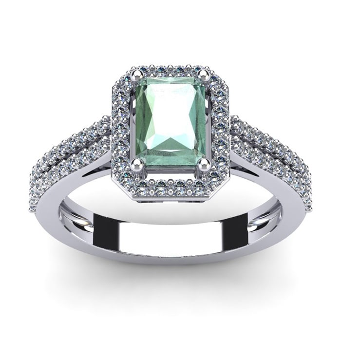 1 1/3 Carat Green Amethyst and Halo Diamond Ring In 14 Karat White Gold
