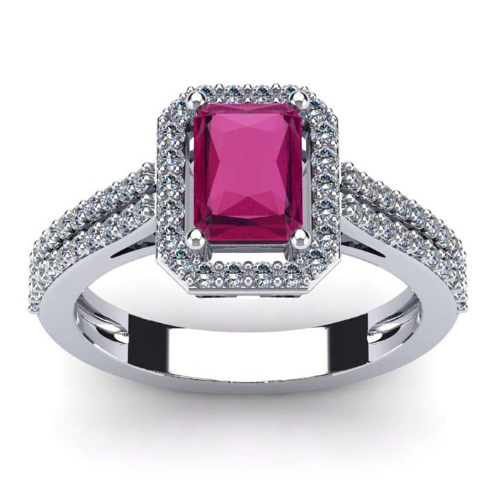 1 1/2 Carat Ruby and Halo Diamond Ring In 14 Karat White Gold