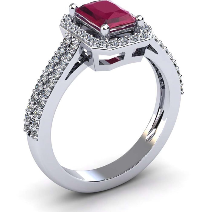 1 1/2 Carat Ruby and Halo Diamond Ring In 14 Karat White Gold