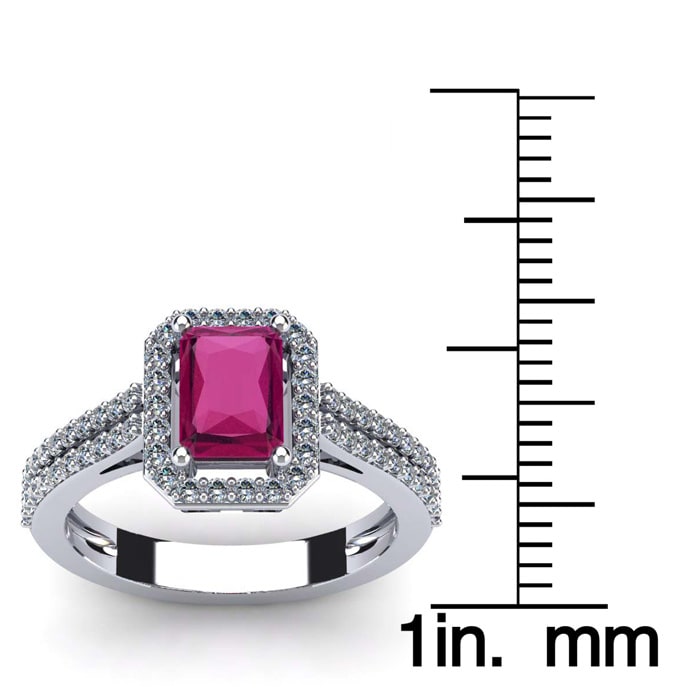 1 1/2 Carat Ruby and Halo Diamond Ring In 14 Karat White Gold