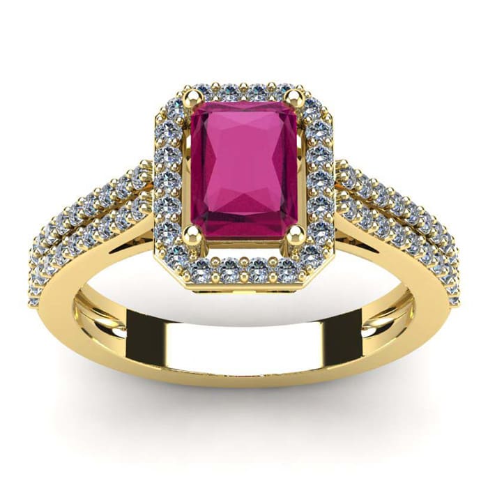 1 1/2 Carat Ruby and Halo Diamond Ring In 14 Karat Yellow Gold