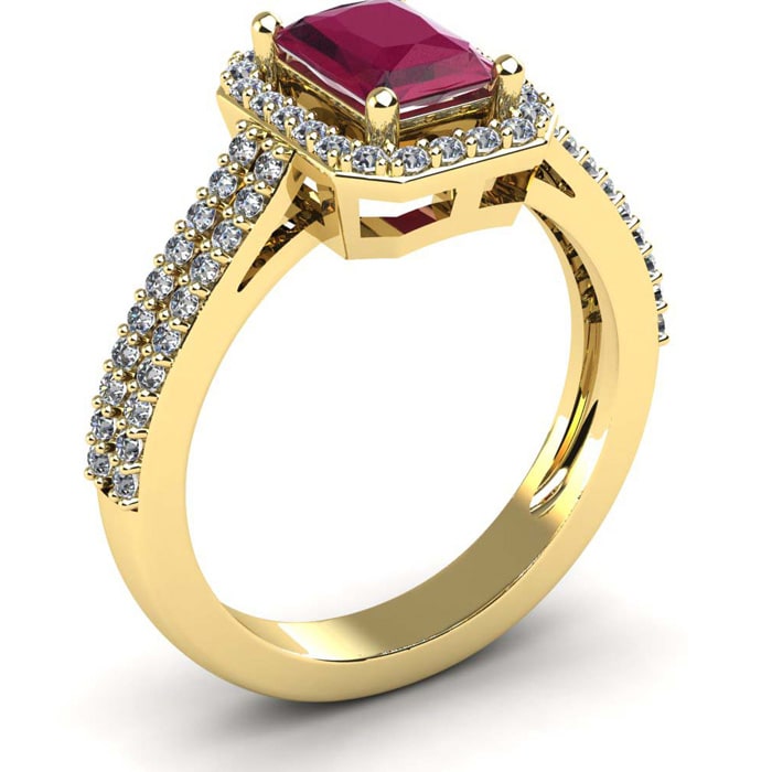 1 1/2 Carat Ruby and Halo Diamond Ring In 14 Karat Yellow Gold