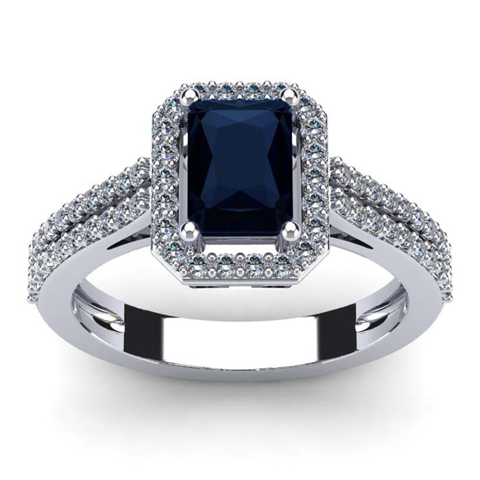 1 1/2 Carat Sapphire and Halo Diamond Ring In 14 Karat White Gold