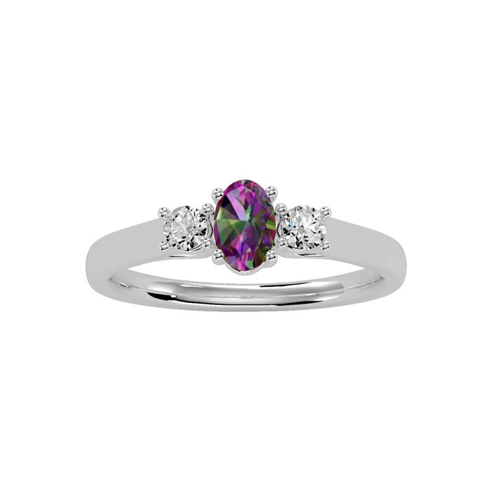 3/4 Carat Oval Shape Mystic Topaz Ring With Two Diamonds In 14 Karat White Gold