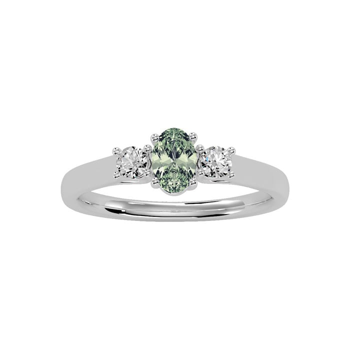 1/2 Carat Oval Shape Green Amethyst and Two Diamond Ring In 14 Karat White Gold