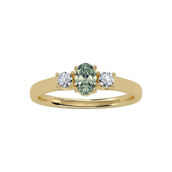 1/2 Carat Oval Shape Green Amethyst and Two Diamond Ring In 14 Karat Yellow Gold