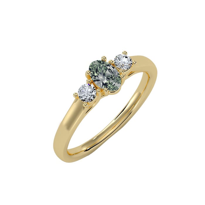 1/2 Carat Oval Shape Green Amethyst and Two Diamond Ring In 14 Karat Yellow Gold