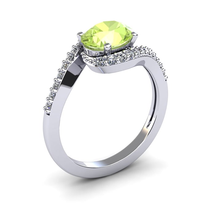 1 1/2 Carat Oval Shape Peridot and Halo Diamond Ring In 14 Karat White Gold