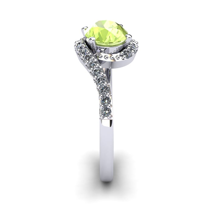 1 1/2 Carat Oval Shape Peridot and Halo Diamond Ring In 14 Karat White Gold