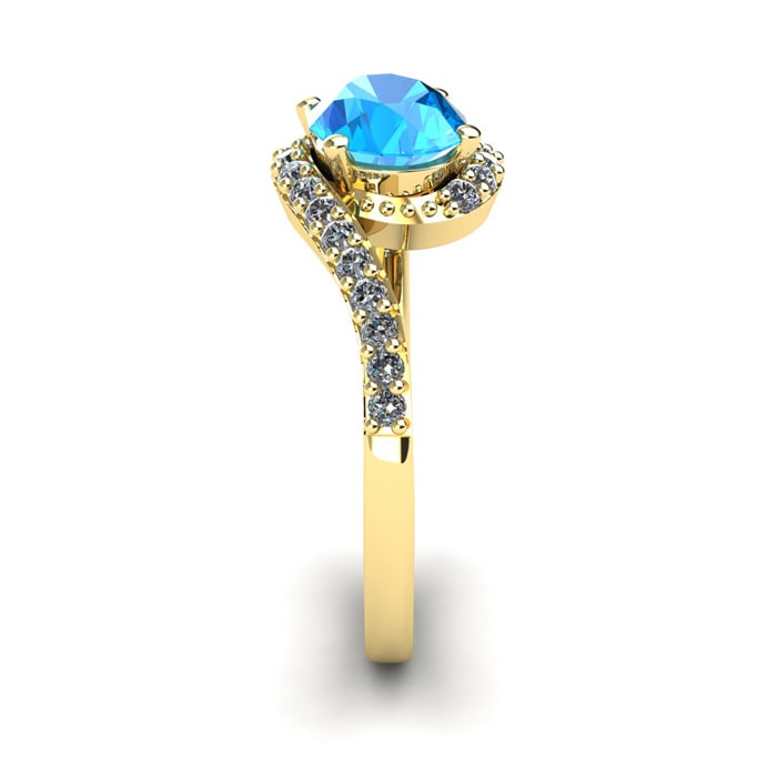 1 3/4 Carat Oval Shape Blue Topaz and Halo Diamond Ring In 14 Karat Yellow Gold