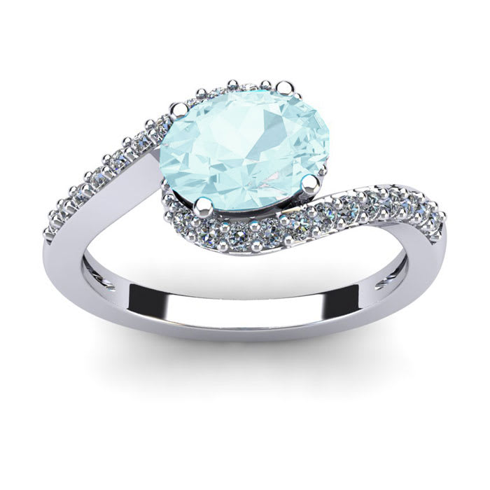 Aquamarine Ring: Aquamarine Jewelry: 1 1/2 Carat Oval Shape Aquamarine and Halo Diamond Ring In 14 Karat White Gold