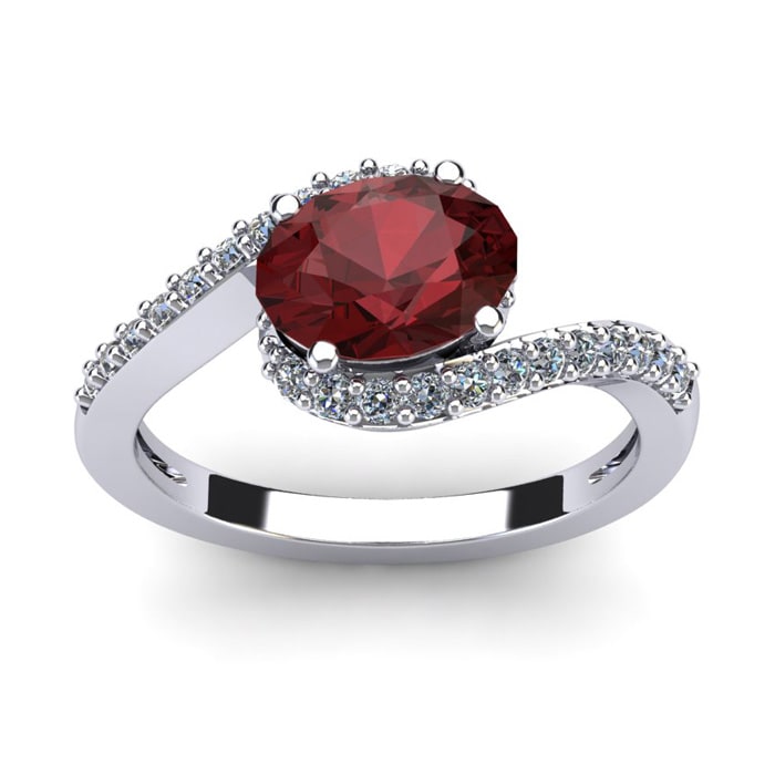Garnet Ring: Garnet Jewelry: 1 3/4 Carat Oval Shape Garnet and Halo Diamond Ring In 14 Karat White Gold
