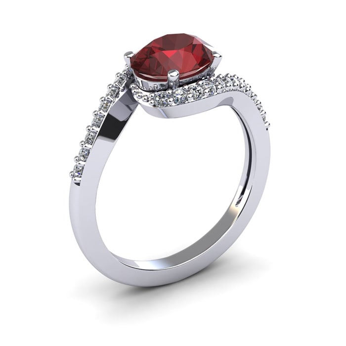 Garnet Ring: Garnet Jewelry: 1 3/4 Carat Oval Shape Garnet and Halo Diamond Ring In 14 Karat White Gold