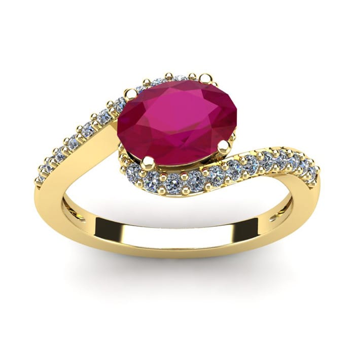 1 3/4 Carat Oval Shape Ruby and Halo Diamond Ring In 14 Karat Yellow Gold