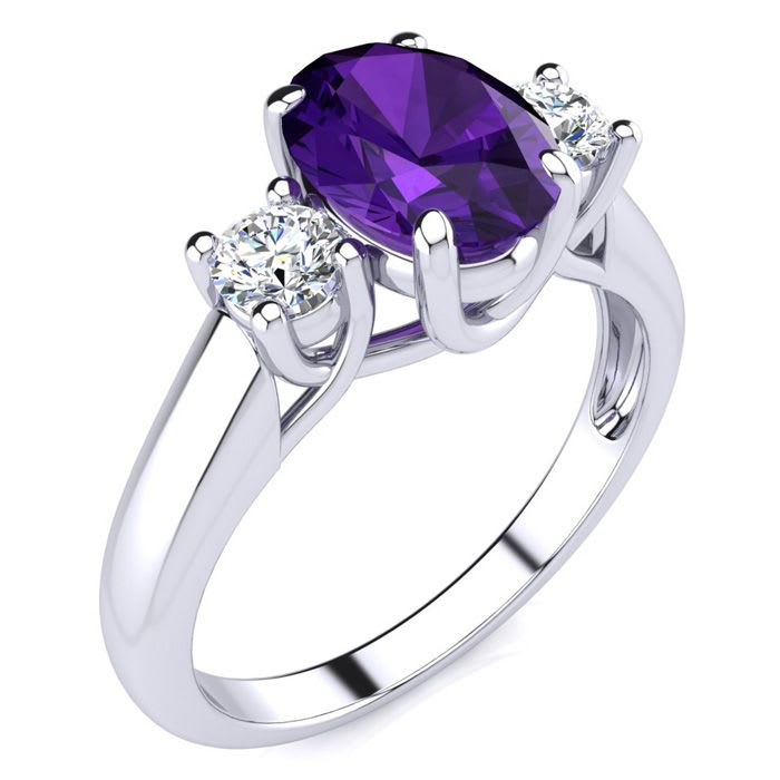 1 1/4 Carat Oval Shape Amethyst and Two Diamond Ring In 14 Karat White Gold
