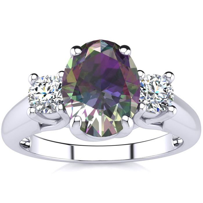 1-3/4 Carat Oval Shape Mystic Topaz Ring With Two Diamonds In 14 Karat White Gold