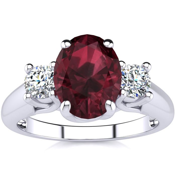 Garnet Ring: Garnet Jewelry: 1 3/4 Carat Oval Shape Garnet and Two Diamond Ring In 14 Karat White Gold