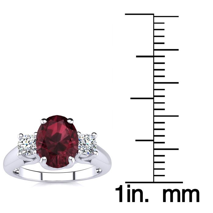 Garnet Ring: Garnet Jewelry: 1 3/4 Carat Oval Shape Garnet and Two Diamond Ring In 14 Karat White Gold
